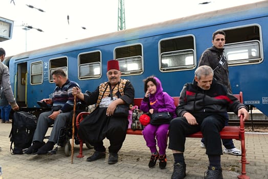 October 6,2015; Hegyeshalom in Hungary. Group of refugees leaving Hungary. They came to Hegyeshalom by train and then they leaving Hungary and go to Austria and then to Germany. Many of them escapes from home because of civil war. 