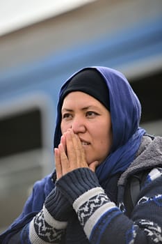 October 6,2015; Hegyeshalom in Hungary. Group of refugees leaving Hungary. They came to Hegyeshalom by train and then they leaving Hungary and go to Austria and then to Germany. Many of them escapes from home because of civil war. 
