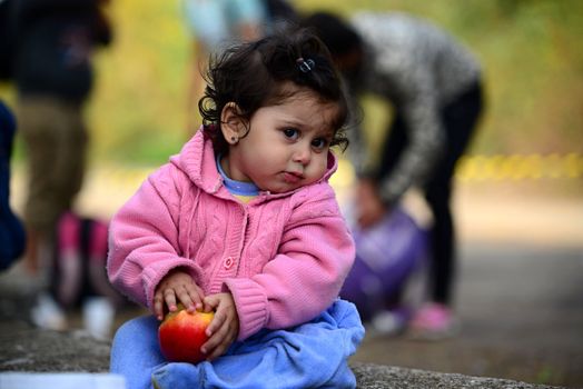 October 6,2015; Hegyeshalom in Hungary. Group of refugees leaving Hungary. They came to Hegyeshalom by train and then they leaving Hungary and go to Austria and then to Germany. Many of them escapes from home because of civil war. 