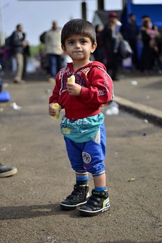 October 6,2015; Hegyeshalom in Hungary. Group of refugees leaving Hungary. They came to Hegyeshalom by train and then they leaving Hungary and go to Austria and then to Germany. Many of them escapes from home because of civil war. 