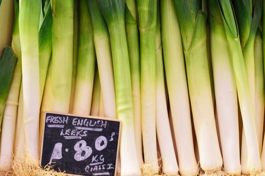 English leeks for sale in market