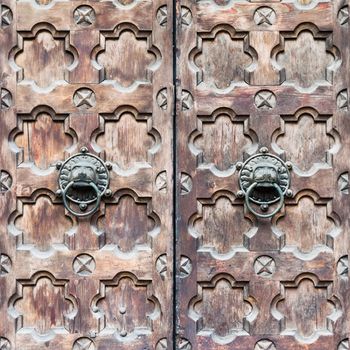Detail of a wooden door with two knocker shaped like a lion's head.