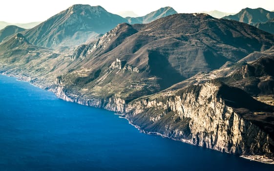 Panorama of Lake Garda (Italy) seen from the top of Mount Baldo.