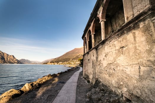 Panorama of Lake Garda (Italy) near the town of Malcesine called "the pearl of the lake".