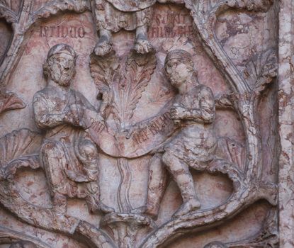 Detail of marble carvings on the Baptistery, Parma Emilia-Romagna Italy