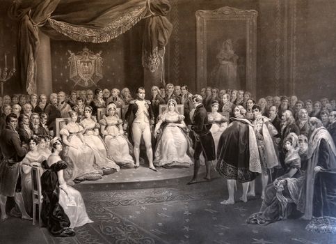 Napoleon surrounded by the most famous character of his age painting by Victor Adam now exhibited in the Villa dei Mulini, on May 03, 2014 Portoferraio, Italy