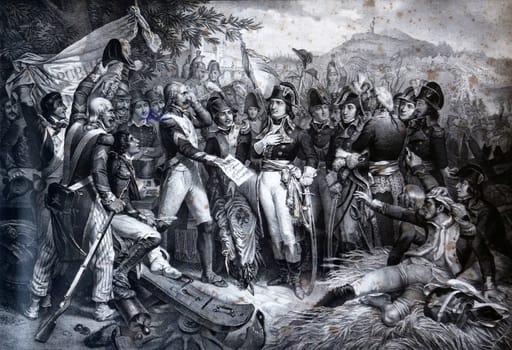 An engraved vintage illustration image of Napoleon Bonaparte with his army at the Battle of Lodi now exhibited in the Villa dei Mulini, on May 03, 2014 Portoferraio, Italy