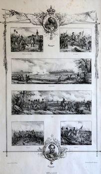 An engraved vintage illustration image of Napoleon Bonaparte in various battles that led now exhibited in the Villa dei Mulini, on May 03, 2014 Portoferraio, Italy