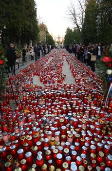 Zagreb cemetery Mirogoj on All Saints Day visited by thousands of people light candles for their deceased family members on 01 November 2013 in Zagreb.