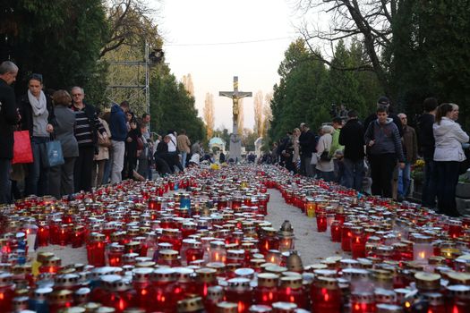 Zagreb cemetery Mirogoj on All Saints Day visited by thousands of people light candles for their deceased family members on 01 November 2013 in Zagreb.