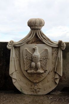 Napoleon I, 15. 8.1769 - 5. 5.1821, Emperor of the French 2. 12. 1804 - 22. 6.1815, his coat of arms, garden of the Villa dei Mulini, Portoferraio, Elba, Italy