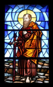 Saint Paul stained glass window in the Church of the Holy Sacrament in Portoferraio, Elba, Italy on May 03, 2014 Portoferraio, Italy