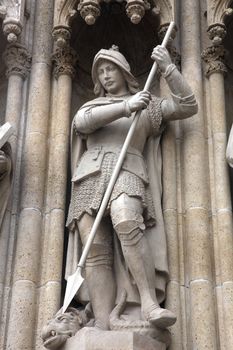 Statue of Saint George on the portal of the cathedral dedicated to the Assumption of Mary in Zagreb on June 04, 2011.