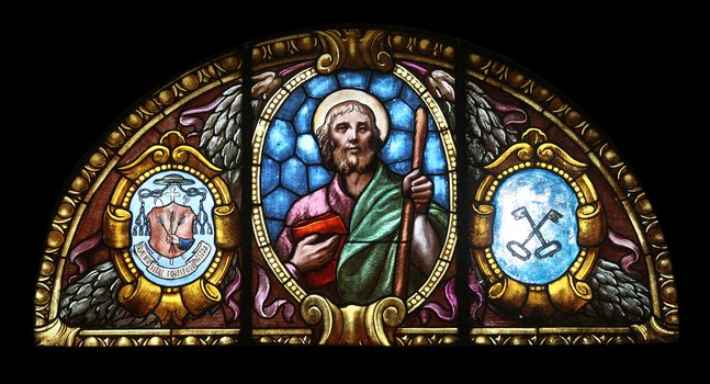 Stained glass window in the church of St. James the Greater in Porto Azzurro, Elba, Italy