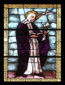 Stained glass window in the church of St. James the Greater in Porto Azzurro, Elba, Italy