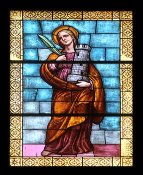 Saint Barbara, stained glass window in the church of St. James the Greater in Porto Azzurro, Elba, Italy