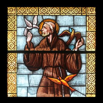 Saint Francis of Assi, stained glass window in the church of St. James the Greater in Porto Azzurro, Elba, Italy