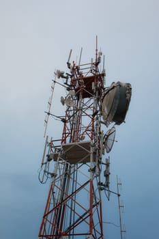 Telecommunication tower blue sky background,Phone antenna