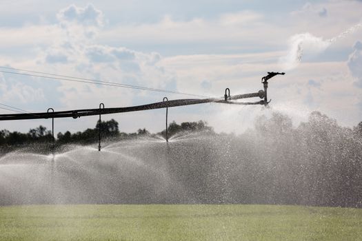 A Lateral Move Irrigation System, sometimes called a Linear Move, Wheelmove or Side Roll System, irrigating crops in Australia. These systems are often 500 meters to 1000 meters long.