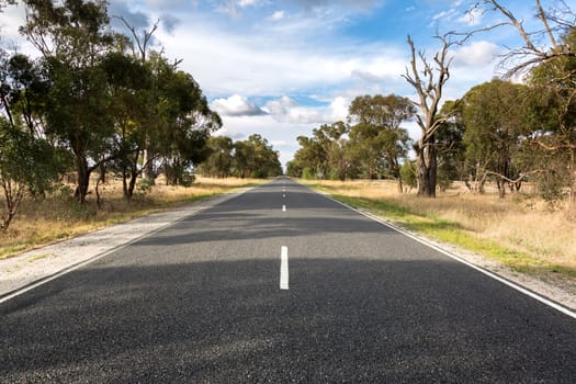 White lines along a road through dried crops in Australia.