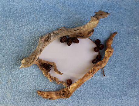 A heart frame of larch cones and dry sticks on a blue and white background.