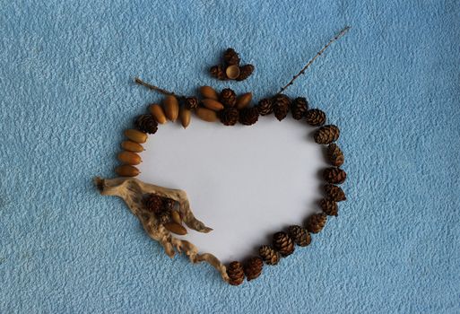 A heart frame of larch cones, acorns and dry sticks on a blue and white background.