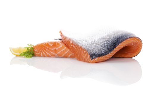 Raw salmon steak isolated on white background. Sashimi sushi. Luxurious healthy seafood eating. 