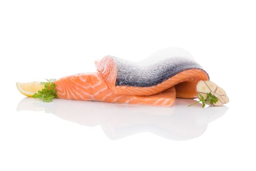 Raw salmon steak isolated on white background. Sashimi sushi. Luxurious healthy seafood eating. 