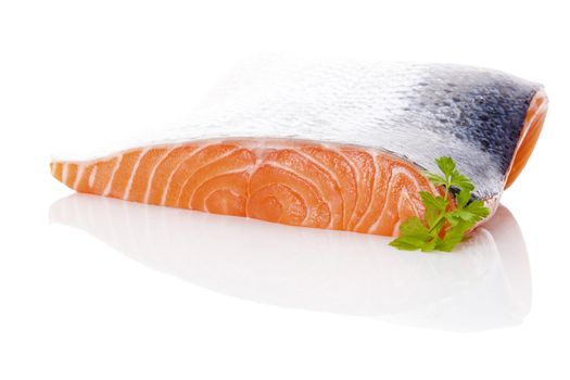 Raw salmon steak isolated on white background. Sashimi sushi. Luxurious healthy seafood eating. 