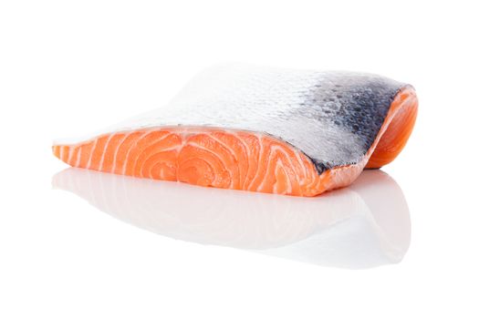 Raw salmon steak isolated on white background. Sashimi sushi. Luxurious healthy seafood eating. 