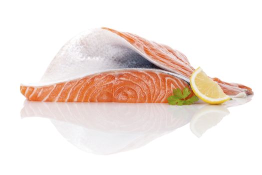 Raw salmon steak isolated on white background. Sashimi sushi. Luxurious healthy seafood eating. 