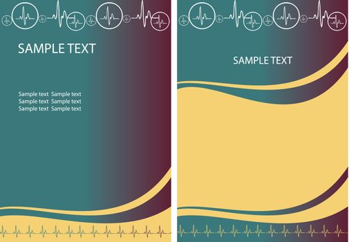 2 Medical backgrounds, Vector cardio blue cover and layout with ecg icons and text area. Great for scientific, medical purposes, exam.