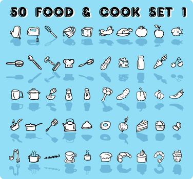 home icons 50 blue vector food & cook icons, emblem, tag set 1. background with design set element theme food and cooking