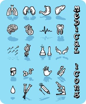 Vector medical icons, Black and white on blue background