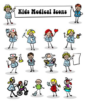 medical icons set,kids cartoon kids & medical staff, medical equipments and people vector