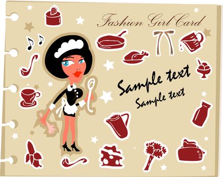 Fashion woman fake paper, glamour note, retro style background with cooking  female accessories icons set
