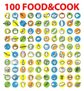 100 vector food & cook icons, emblem, tag set. background with design set element theme food and cooking