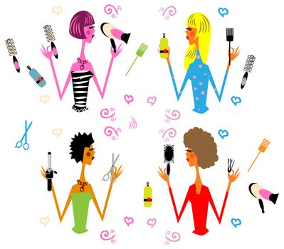 4 woman hair style and hairdresser's tools, vector glamour fashion icons, illustration