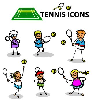 Tennis icons, fake cartoon sport emblems, vector illustration