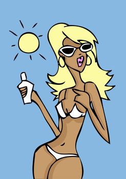 Blond woman on beach applying suntan lotion blue card background, fake paper poster
