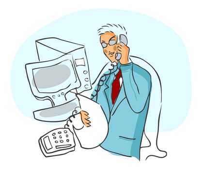 Young businessman talking by phone near computer with paper on hand, vector illustration