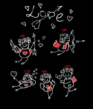 cartoon love, valentin's angel icon set, black background kids style card, design element