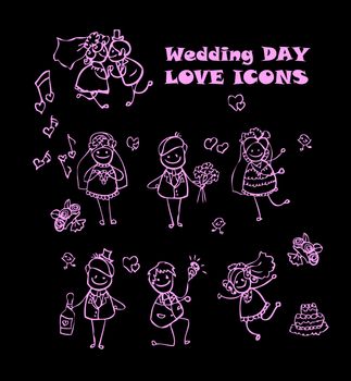 wedding love icons set, kids cartoon design, isolated wed people vector