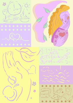 woman health background, medical, lifestyle illustration work, rest, food, care