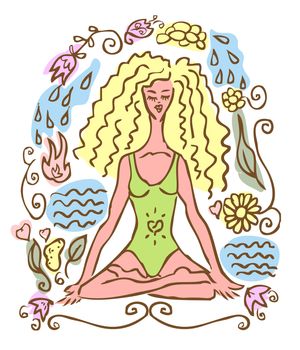 Yoga, sport woman, nature vector emblem, icon, fake symbol