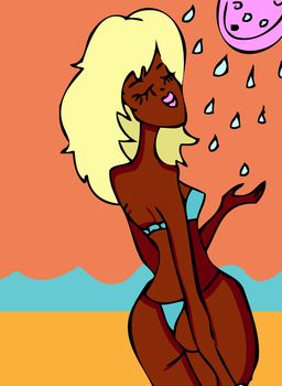 Cartoon woman on beach and water from shower, sea and shower