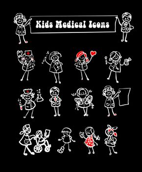 black background medical icons set,kids cartoon kids & medical staff, medical equipments and people vector