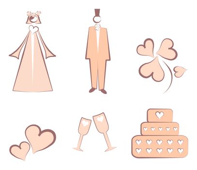 Isolated Wedding decoration logo, icons- couple, cake, hearts, flower, glass