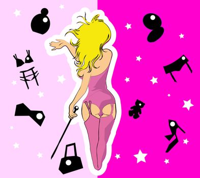 Vector woman in sexy lingerie  with best woman's gifts silhouette, logo and icons. Pink and black