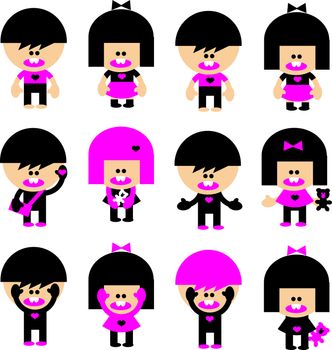 Vector Cartoon emo children icons. Boys, girls, heart and bear in pink and black.